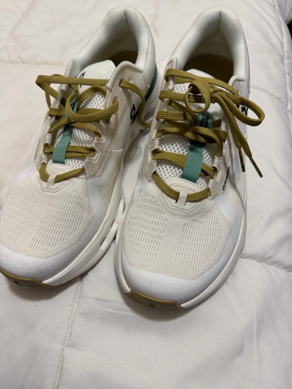 On Running White Sneakers with Teal Tongue Strip and Olive Laces size 9.5